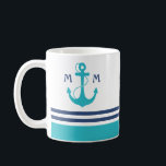 Light Blue Nautical Monogram Coffee Mug<br><div class="desc">Navy blue and sky blue nautical stripes with anchor and monogram.</div>