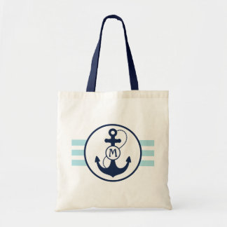 Light Blue Nautical Stripes with Anchor Monogram Tote Bag
