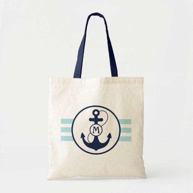 Light Blue Nautical Stripes with Anchor Monogram Tote Bag (Front)