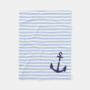 Light Blue Nautical Stripes with Navy Blue Anchor Fleece Blanket