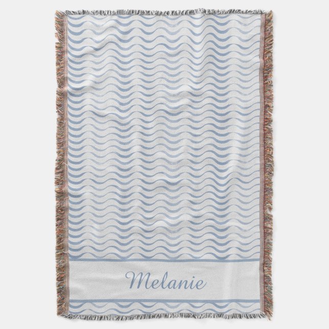 Light Blue Nautical Waves with Custom Name Throw Blanket (Front Vertical)