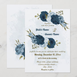 light blue navy blue flowers botanical wedding invitation
