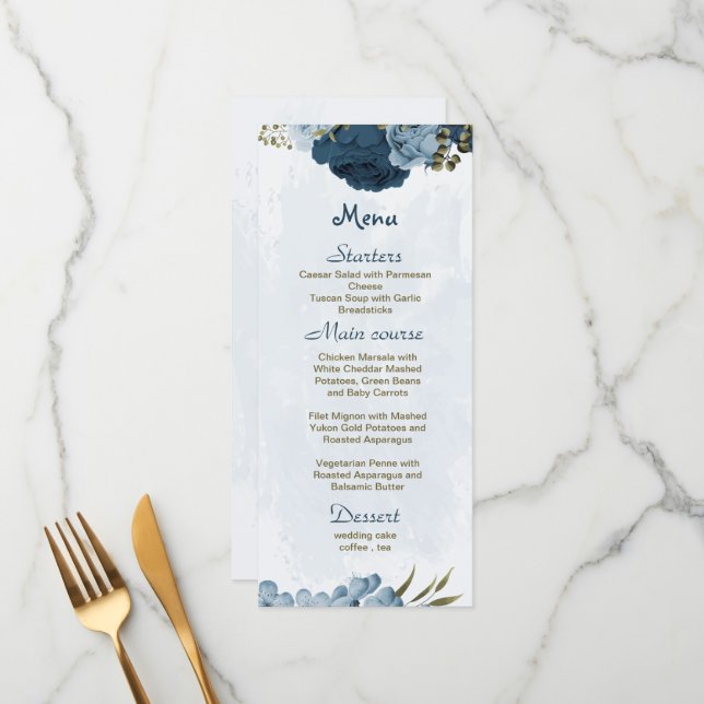 light blue navy blue flowers botanical wedding menu (Front/Back In Situ)