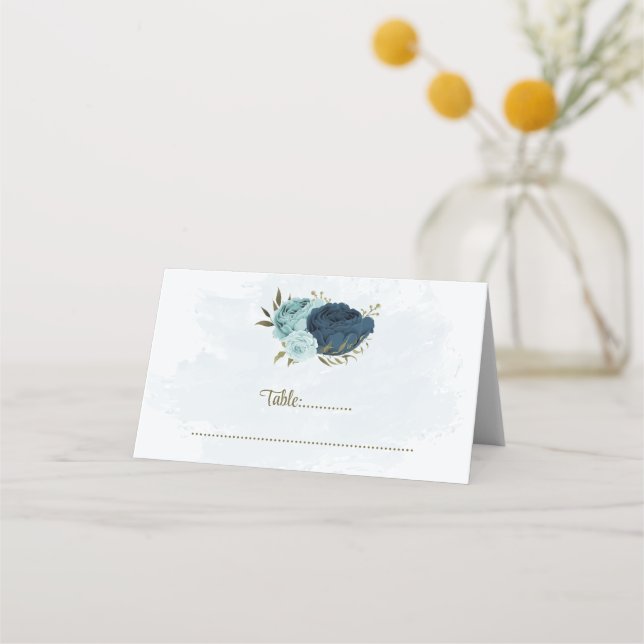 light blue navy blue flowers botanical wedding place card (Front)