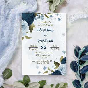 light blue navy flowers botanical birthday invitation