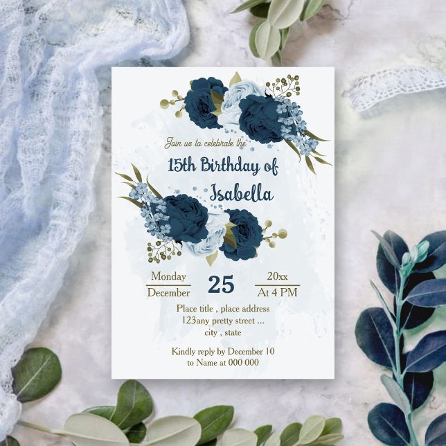 light blue navy flowers botanical birthday invitation (Creator Uploaded)