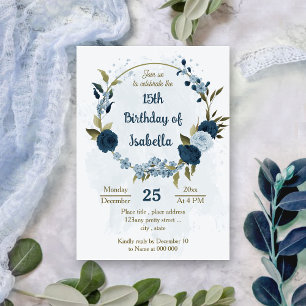 light blue navy flowers botanical birthday invitation