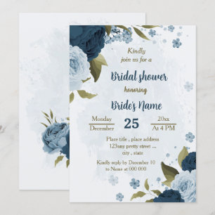 light blue navy flowers botanical bridal shower invitation