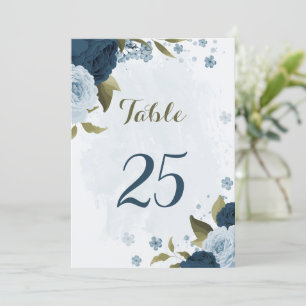 light blue navy flowers table number card