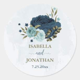 light blue navy flowers wedding classic round sticker