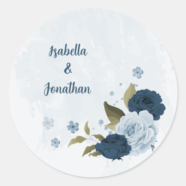 light blue navy flowers wedding classic round sticker (Front)