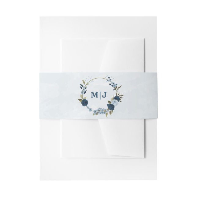 light blue navy flowers wedding  invitation belly band (Front Example)