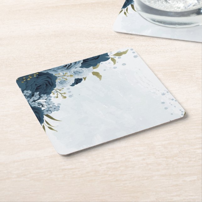 light blue navy flowers wedding square paper coaster (Angled)