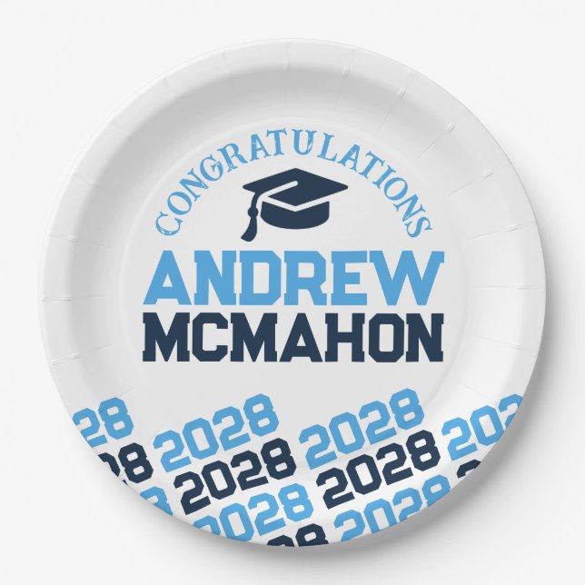 Light Blue & Navy on White Half Repeat Graduation Paper Plate (Front)