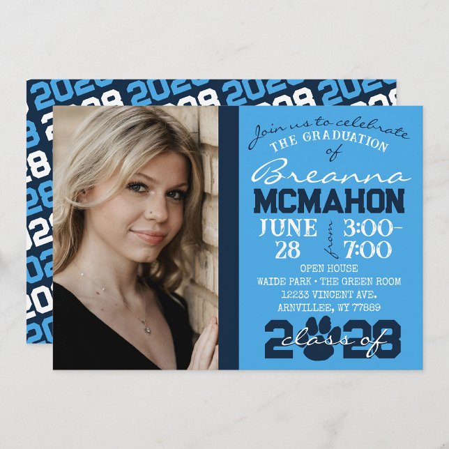 Light Blue & Navy Pawprint Graduation Photo Invitation (Creator Uploaded)