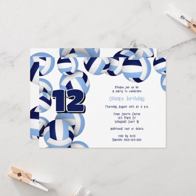 light blue navy volleyballs kids birthday party invitation (Front/Back In Situ)