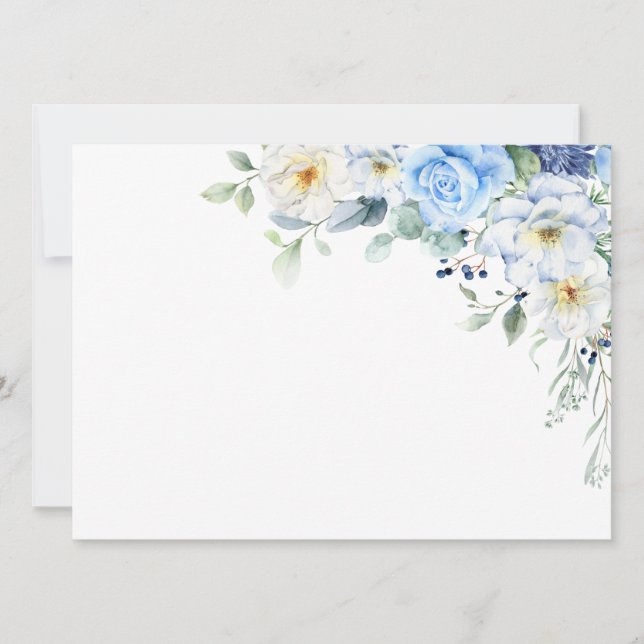 LIght Blue, Navy, Winter White Watercolor Floral Invitation (Front)