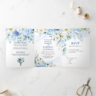 LIght Blue, Navy, Winter White Watercolor Floral Tri-Fold Invitation