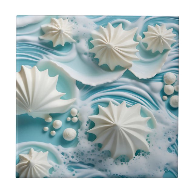 Light Blue Ocean Background with Seashells Ceramic Tile (Front)