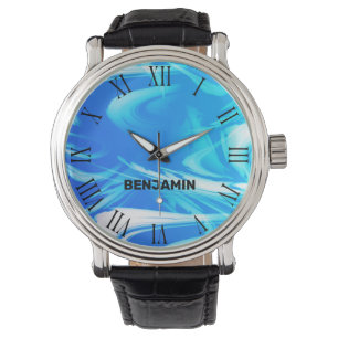 Light Blue Ocean Waves Cool Marbled Custom Name Watch