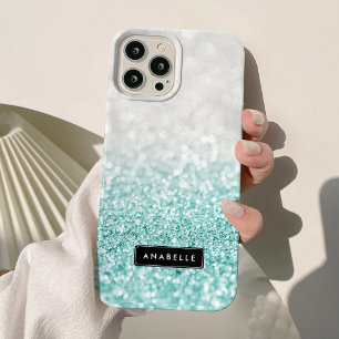 Light Blue Ombre Glitter and Bokeh Pattern iPhone 15 Mini Case