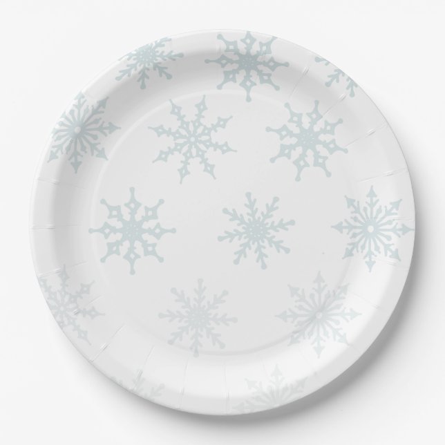 Light Blue Ombre Snowflake Holiday Paper Plate (Front)