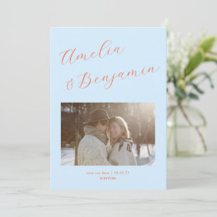 Light Blue Orange Bold Script Couple Names Wedding Save The Date
