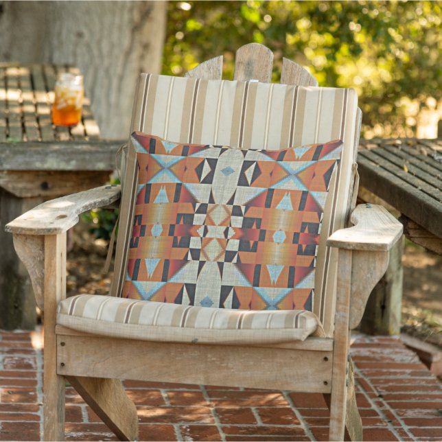 Light Blue Orange Taupe Grey Black Tribal Art Cushion (Chair)