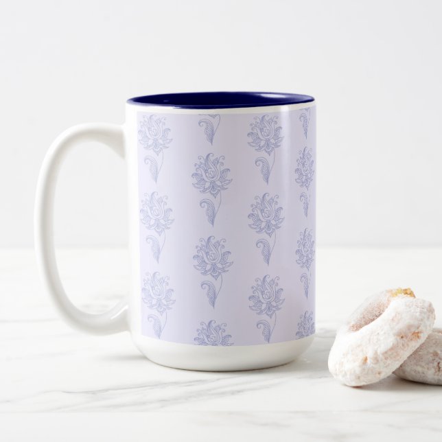 Light Blue Outlined Floral Pattern Two-Tone Coffee Mug (With Donut)