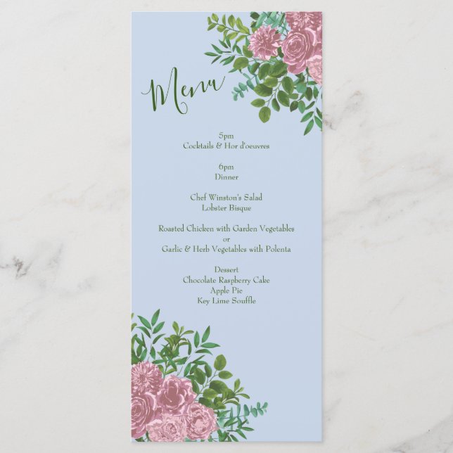 Light Blue & Pale Pink Peony Rose Floral Wedding Menu (Front)