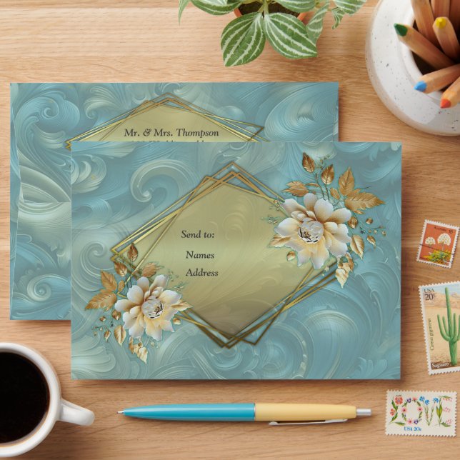 Light Blue-Palette on a Bronze Gold Barogue design Envelope (Desk)