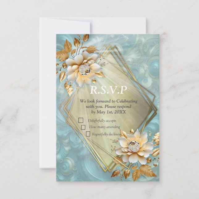 Light Blue-Palette on a Bronze Gold Barogue design RSVP Card (Front)