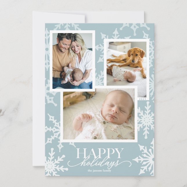 Light Blue Pastel Snowflake Collage Holiday Card (Front)