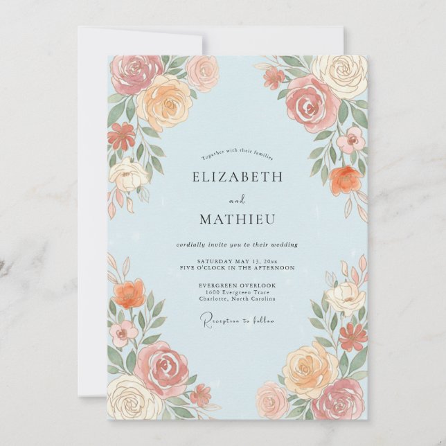 Light Blue Peach Botanical Wedding Invitation (Front)