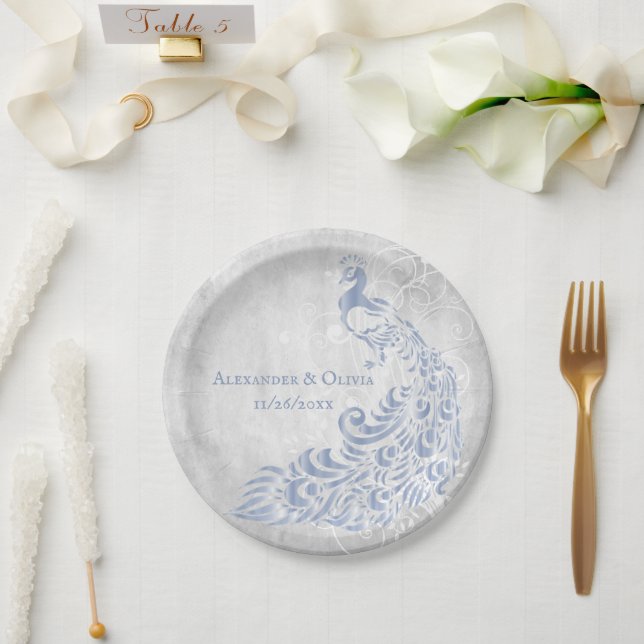 Light Blue Peacock Leaf Vine Wedding Paper Plate (Wedding)