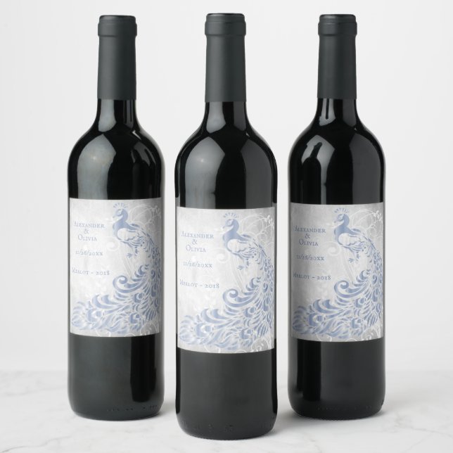 Light Blue Peacock Leaf Vine Wedding Wine Label (Bottles)