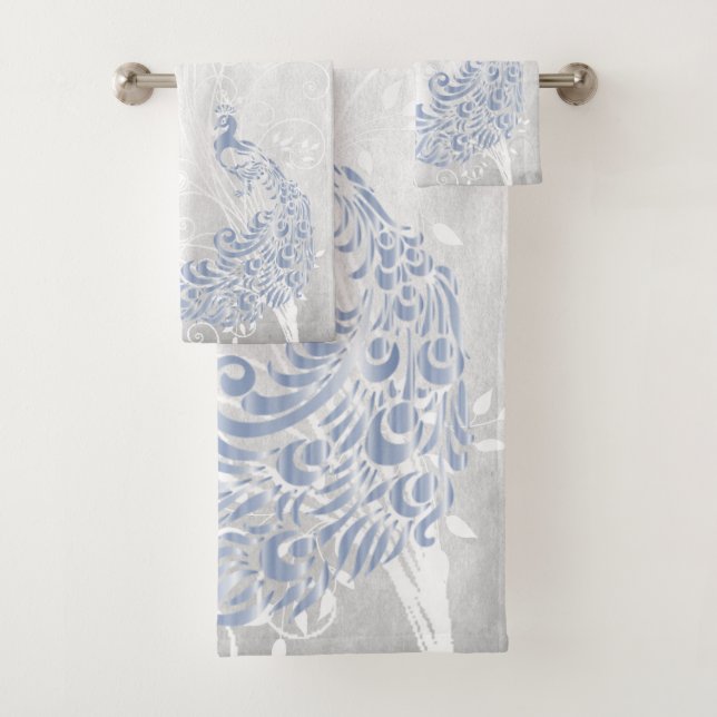 Light Blue Peacock Personalised Bath Towels (Insitu)