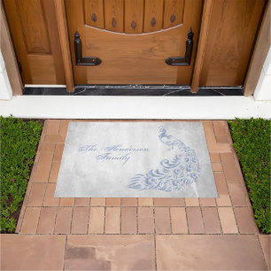 Light Blue Peacock Personalised Door Mat