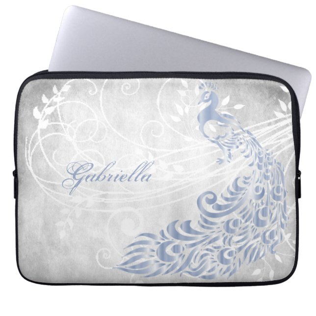 Light Blue Peacock Personalised Laptop Sleeve (Front)