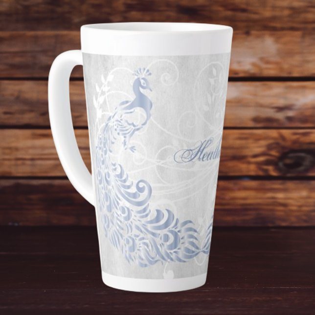 Light Blue Peacock Personalised Latte Mug (Light Blue Peacock Personalized Latte Mug)