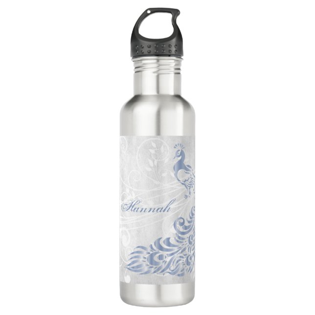 Light Blue Peacock Personalised Water Bottle (Front)
