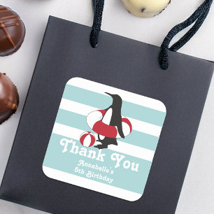 Light Blue Penguin Thank You Kids Birthday Party Square Sticker