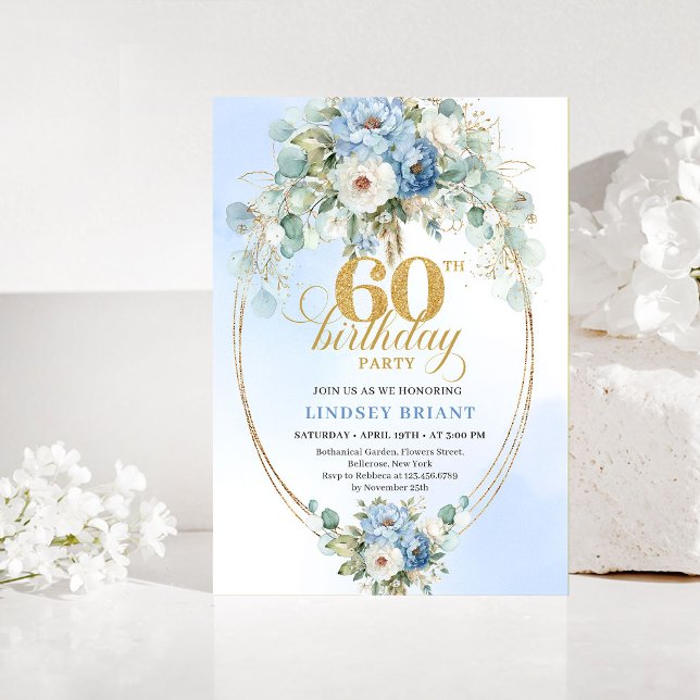 Light blue peony eucalyptus gold 60th birthday  invitation (Light blue peony eucalyptus gold 60th birthday invitation

)