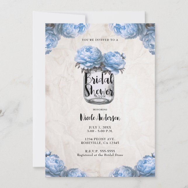 Light Blue Peony Mason Jar Rustic Bridal Shower  Invitation (Front)
