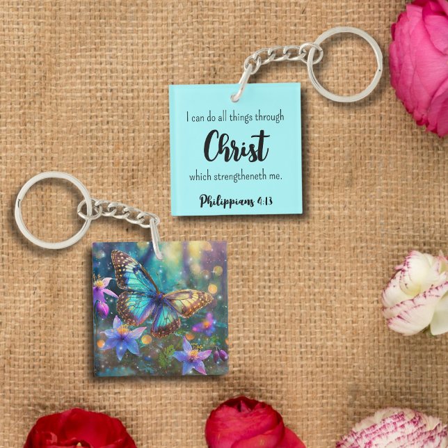 Light Blue Philippians 4:13 Scripture Butterfly  Key Ring (Creator Uploaded)