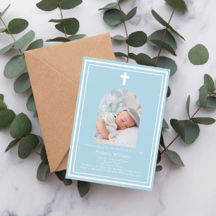 Light blue photo arch baby boy Baptism Invitation