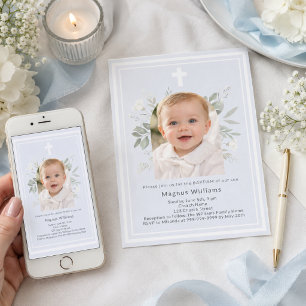 Light blue photo boy white florals arch Baptism Invitation
