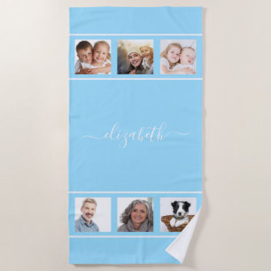 Light blue photo collage monogram script beach towel