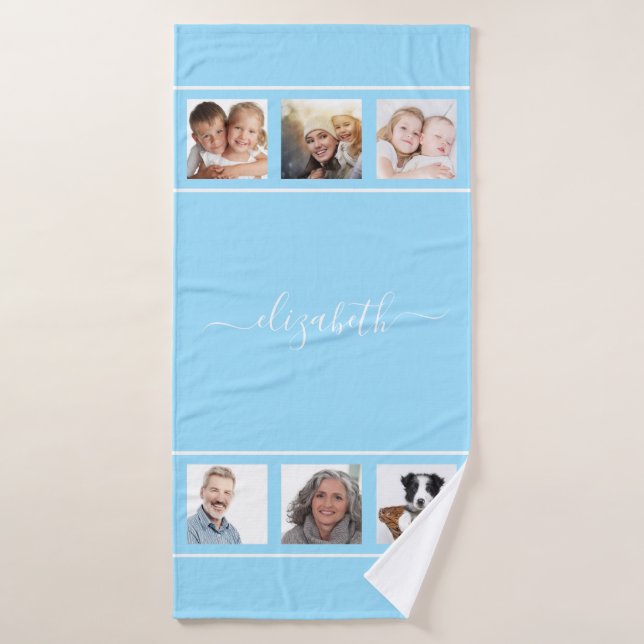 Light blue photo collage name white script bath towel set (Bath Towel)