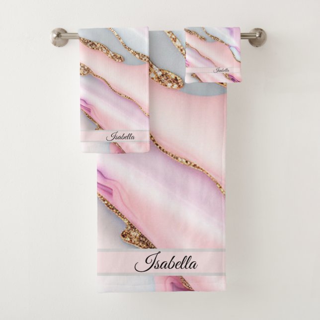 Light Blue Pink Agate Marble Modern Collection Bath Towel Set (Insitu)